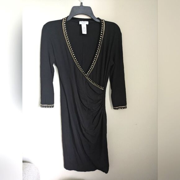 Carmen Marc Valvo Wrap Midi Dress Size S Black Studded - Picture 1 of 4